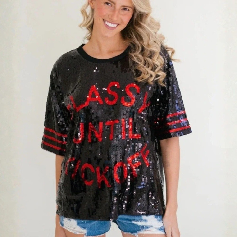Judith March Classy Until Kickoff Black Red Sequin Top S/M Football Jersey